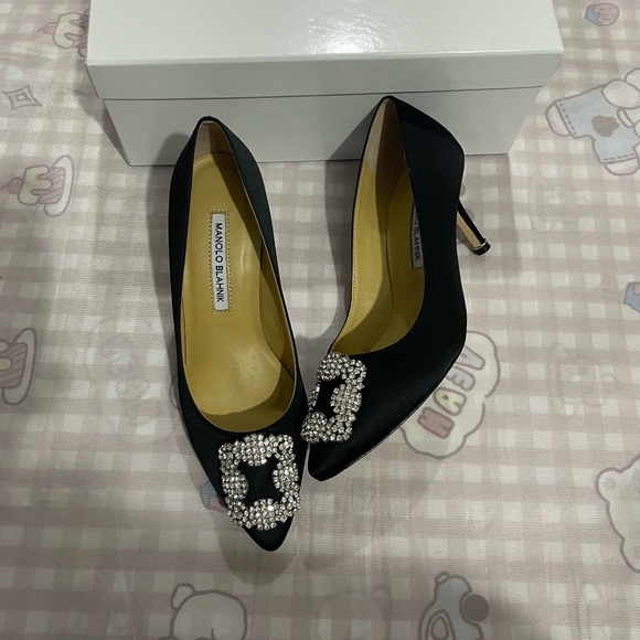 Manolo Blahnik Shoes - Manolo Blahnik Black Satin Pointed Pumps with Crystal Buckles